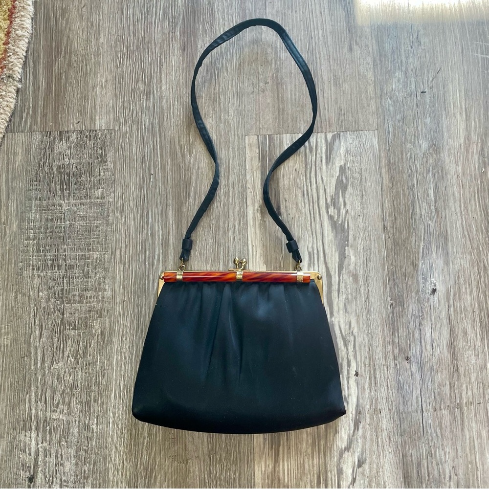 Vintage 60s Ande Black Satin Evening Bag + Tortoise Shell Style Clasp Purse - Picture 2 of 16